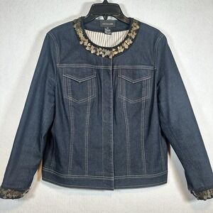 Focus 2000 Womens Sz 12 Dark Blue Jean Denim Jacket Embellished Snap Close